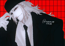 Rule 34 | 1boy, bags under eyes, bakegyamon, black headwear, black jacket, black necktie, broad shoulders, closed mouth, fue (bakegyamon), glitch, gloves, grey hair, grid background, highres, jacket, long hair, long sleeves, looking at viewer, male focus, mature male, monochrome, necktie, pointy nose, red eyes, rururu2199, shirt, solo, spot color, white gloves, white shirt
