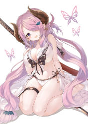 Rule 34 | 10s, 1girl, bad id, bad pixiv id, barefoot, bikini, blue eyes, blush, breasts, bug, butterfly, butterfly earrings, double bun, draph, earrings, frilled bikini, frills, full body, granblue fantasy, hair over one eye, horns, insect, jewelry, katana, large breasts, long hair, looking at viewer, md5 mismatch, narmaya (granblue fantasy), narmaya (summer) (granblue fantasy), open mouth, pointy ears, purple hair, sheath, sheathed, side-tie bikini bottom, sitting, solo, swimsuit, sword, thigh strap, thighs, very long hair, wariza, weapon, white background, white bikini, yuui hutabakirage