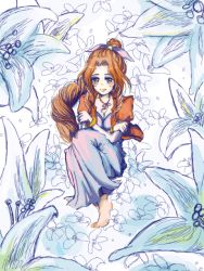 Rule 34 | 1990s (style), 1girl, aerith gainsborough, barefoot, bracelet, brown hair, dress, feet, female focus, final fantasy, final fantasy vii, flower, jacket, jewelry, long hair, makuiro, pink ribbon, plant, ponytail, ribbon, sitting, solo, white background