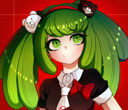 Rule 34 | 1girl, bear hair ornament, black background, blush, bow, bowtie, breasts, child, closed mouth, collared shirt, cosplay, danganronpa (series), danganronpa 3 (anime), danganronpa another episode: ultra despair girls, ears, enoshima junko, enoshima junko (cosplay), green eyes, green hair, hair ornament, hairband, headband, kurokku-tokei, long hair, looking up, matching hair/eyes, multicolored background, multicolored clothes, necktie, nose, red background, red bow, red hairband, red headband, red headwear, shirt, short sleeves, simple background, small breasts, smile, swastika, towa monaca, twintails, upper body