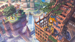 Rule 34 | 1girl, aircraft, airship, architecture, artist name, blue bow, blue eyes, blue ribbon, bow, branch, breasts, bridge, building, bush, city, cityscape, cleavage, floating hair, fog, from above, gloves, hair ribbon, hand on railing, highres, house, lantern, looking afar, low wings, nagi itsuki, orange hair, original, paper lantern, plant, pond, ponytail, railing, ribbon, river, scenery, shirt, shouji, shrine, sliding doors, solo, stairs, torii, tower, tree, twintails, vines, water, waterfall, wide shot, wings, wooden floor, yellow gloves, yellow shirt