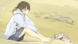 Rule 34 | 1girl, artist request, barefoot, blurry, brown eyes, brown hair, cellphone, clothes writing, depth of field, feet, from side, headphones, highres, hood, hoodie, loundraw, phone, sand, shoes, unworn shoes, sitting, skirt, smartphone, solo, wood