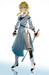 Rule 34 | 1girl, alternate costume, aqua gemstone, arm belt, belt, black belt, black camisole, black choker, black gloves, black socks, blonde hair, blouse, blue skirt, breasts, camisole, choker, closed mouth, collarbone, collared shirt, floating, genshin impact, gloves, gradient background, hair ornament, hairpin, half gloves, highres, holding, holding sword, holding weapon, long skirt, long sleeves, looking at viewer, loose belt, lumine (genshin impact), medium breasts, multiple hairpins, pleated skirt, puffy long sleeves, puffy sleeves, reflective floor, shirt, simple background, single bare shoulder, single off shoulder, skirt, skirt cutout, socks, solo, sword, sword behind back, weapon, white background, white footwear, white shirt, yaner 10, yellow eyes