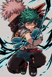 Rule 34 | 2boys, alternate eye color, alternate hair color, aqua bodysuit, bakugou katsuki, belt, belt pouch, black whip (boku no hero academia), blue gloves, boku no hero academia, bright pupils, buckle, chiyaya, clenched teeth, cropped torso, electricity, energy, flick, floating clothes, floating hair, foreshortening, freckles, full body, gloves, green eyes, green hair, grey background, hair between eyes, hands up, headgear, high collar, highres, knees up, legs up, light brown hair, looking at viewer, male focus, midair, midoriya izuku, multiple boys, orange eyes, outstretched arms, pac-man eyes, pouch, profile, projected inset, red belt, serious, shaded face, short hair, simple background, snap-fit buckle, spiked hair, sweat, teeth, v-shaped eyebrows, white gloves, white pupils