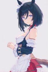 Rule 34 | 1girl, apron, black hair, black sleeves, blouse, blue eyes, bob cut, bodice, breasts, choker, cleavage, detached sleeves, ear scrunchie, eishin flash (umamusume), frilled apron, frilled sleeves, frills, from side, german clothes, grey background, hair between eyes, highres, horse girl, large breasts, looking at viewer, looking to the side, mei ehimemikoto, miniskirt, red choker, red skirt, scrunchie, shirt, short hair, simple background, skirt, solo, striped clothes, striped skirt, swept bangs, umamusume, vertical-striped clothes, vertical-striped skirt, white apron, white scrunchie, white shirt