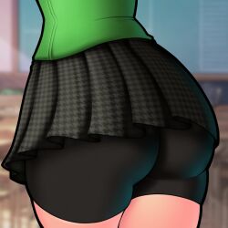 Rule 34 | 1girl, absurdres, ass, ass focus, butt crack, clothes lift, female focus, highres, pants, persona, persona 4, persona 4 the golden, satonaka chie, school, school uniform, short shorts, shorts, skirt, skirt lift, solo, solo focus, themwxxxart, thighs, tight clothes, tight pants