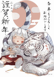 Rule 34 | 1girl, absurdres, animal, animal ears, black hair, blush, calligraphy brush, chinese zodiac, closed eyes, facial mark, fur-trimmed sleeves, fur trim, happy new year, highres, holding, medium hair, mouth hold, multicolored hair, new year, no shoes, open mouth, original, paintbrush, ryes 8, sleeping, tail, teeth, tiger, tiger ears, tiger tail, tongue, upper teeth only, white hair, year of the tiger