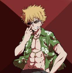 Rule 34 | 1boy, abs, blonde hair, blood, blood from mouth, blouse, delf, green shirt, green skirt, grin, male focus, middle finger, open clothes, open shirt, shirt, simple background, skirt, smile, solo, sunglasses, toaru majutsu no index, toaru majutsu no index: new testament, tsuchimikado motoharu