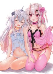 Rule 34 | 2girls, :d, arm around waist, babydoll, babydoll lift, bare arms, bare shoulders, blue panties, breasts, choker, closed eyes, collarbone, commentary request, double bun, ex idol, fang, frilled choker, frills, garter belt, hair between eyes, hair bun, hand on another&#039;s thigh, hand up, highres, hololive, horns, kagura nana, long hair, looking at viewer, midriff, multicolored hair, multiple girls, nakiri ayame, nanakagu karatou ch, navel, oni, open mouth, panties, panties over garter belt, pink choker, pink legwear, pink panties, red eyes, red hair, see-through, simple background, sitting, skin-covered horns, small breasts, smile, streaked hair, thighhighs, underwear, virtual youtuber, white background, white hair, wrist cuffs