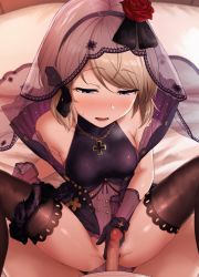 Rule 34 | 1boy, 1girl, aoi tiduru, azur lane, bare shoulders, black dress, black gloves, black panties, black thighhighs, black veil, blue eyes, blush, breasts, bridal veil, censored, commentary request, covered navel, cross, dress, flower, frilled dress, frills, gloves, half-closed eyes, heavy breathing, imminent penetration, imminent vaginal, indoors, iron cross, jewelry, medium breasts, mosaic censoring, necklace, nose blush, on bed, open mouth, panties, panties around leg, penis, pov, pussy, pussy juice stain, red flower, red rose, rose, see-through, short hair, solo focus, spread legs, spread pussy, sweat, thighhighs, turtleneck, turtleneck dress, underwear, veil, wedding dress, z23 (azur lane), z23 (schwarze hochzeit) (azur lane)