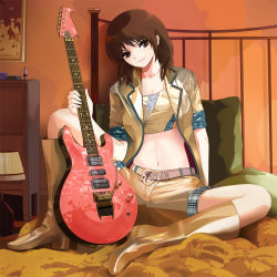 Rule 34 | 1girl, bad id, bad pixiv id, bandeau, belt, boots, brown eyes, brown hair, guitar, highres, instrument, midriff, mta, short hair, shorts, smile, solo, strapless, tube top