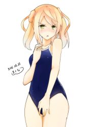 Rule 34 | 10s, 1girl, bad id, bad twitter id, blush, brown eyes, brown hair, competition school swimsuit, double bun, hair bun, kantai collection, kitaminami, michishio (kancolle), one-piece swimsuit, open mouth, ribbon, school swimsuit, short hair, solo, swimsuit, twintails