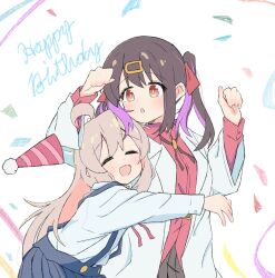 Rule 34 | 2girls, :d, :o, ^ ^, ahoge, black hair, bolo tie, closed eyes, coat, commentary, confetti, grey hair, hair ornament, hair ribbon, hairclip, hana houshou, hands up, happy birthday, hat, highres, hug, lab coat, long hair, long sleeves, multicolored hair, multiple girls, neck ribbon, onii-chan wa oshimai!, open clothes, open coat, open mouth, oyama mahiro, oyama mihari, party hat, purple hair, red ribbon, red shirt, ribbon, school uniform, shirt, siblings, simple background, sisters, skirt, smile, suspender skirt, suspenders, twintails, two-tone hair, white background, white shirt, wing collar
