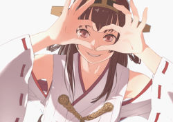 Rule 34 | 10s, 1girl, brown eyes, brown hair, headgear, heart, heart hands, kantai collection, kongou (kancolle), looking at viewer, nontraditional miko, ribbon-trimmed clothes, ribbon-trimmed sleeves, ribbon trim, simple background, smile, solo, upper body, white background, youmak