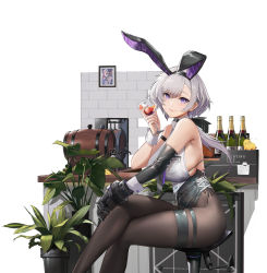 Rule 34 | 1girl, absurdres, alcohol, animal ears, azur lane, bar (place), black gloves, black pantyhose, breasts, crossed legs, elbow gloves, fake animal ears, gloves, grey hair, highres, large breasts, leotard, looking at viewer, official art, pandea work, pantyhose, plant, playboy bunny, potted plant, purple eyes, rabbit ears, reno (azur lane), reno (reno bunnino) (azur lane), sideboob, single elbow glove, sitting, sleeveless, solo, thigh strap, wrist cuffs