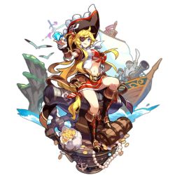 Rule 34 | 1girl, boots, cannon, dragalia lost, eyepatch, full body, gem, hat, holding, karina (dragalia lost), looking at viewer, non-web source, official art, pirate, pirate hat, pirate ship, saitou naoki, shine, sitting, solo, transparent background, treasure chest