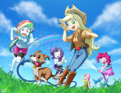 Rule 34 | &gt;:d, &gt; &lt;, 5girls, :d, angry, animal, animal hair ornament, animification, applejack, blue footwear, blue shirt, blue skin, boots, bra, brown fur, brown skirt, butterfly hair ornament, closed eyes, cloud, collar, colored skin, dog, fluttershy, grass, green shirt, hair ornament, hose, multicolored hair, multiple girls, my little pony, my little pony: equestria girls, my little pony: friendship is magic, neck bell, open mouth, personification, pink hair, pink skin, pinkie pie, purple eyes, purple hair, purple shorts, purple skirt, rainbow, rainbow dash, rainbow hair, rarity (my little pony), see-through, shirt, shoes, short sleeves, shorts, skirt, sky, sleeveless, sleeveless shirt, smile, sneakers, striped, teeth, underwear, uotapo, v-shaped eyebrows, water, wet, wet clothes, wet shirt, white skin, winona (mlp), yellow skin