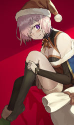 Rule 34 | 1girl, alternate costume, beppu mitsunaka, black sleeves, black thighhighs, blush, breasts, cleavage, closed mouth, detached collar, detached sleeves, dress, fate/grand order, fate (series), fur-trimmed dress, fur trim, hair over one eye, highres, long sleeves, looking at viewer, mash kyrielight, medium breasts, neck ribbon, pink hair, purple eyes, red background, red dress, red ribbon, ribbon, santa costume, shiny skin, short dress, short hair, sitting, smile, solo, thighhighs, zettai ryouiki