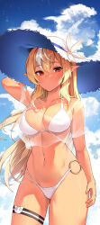 Rule 34 | 1girl, absurdres, bikini, blonde hair, blush, breasts, cleavage, cloud, collarbone, elf, flower, hat, hat flower, highres, hololive, large breasts, lessone, long hair, looking at viewer, multicolored hair, navel, o-ring, o-ring bikini, outdoors, pointy ears, red eyes, see-through, shiranui flare, sidelocks, sky, solo, streaked hair, sun hat, swimsuit, thighs, virtual youtuber, white bikini, white hair