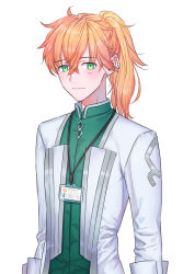 Rule 34 | 1boy, blonde hair, blush, closed mouth, fate/grand order, fate (series), green eyes, hair between eyes, highres, id card, lanyard, long hair, looking at viewer, male focus, nipi27, ponytail, romani archaman, simple background, smile, solo, uniform, upper body, white background
