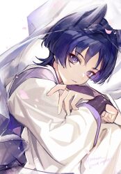 Rule 34 | 1boy, animal ears, bishounen, cat boy, cat ears, gauntlets, genshin impact, highres, japanese clothes, kimono, looking at viewer, male focus, purple eyes, purple hair, rokuon, scaramouche (genshin impact), short hair, simple background, solo, white background