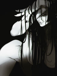 Rule 34 | 1girl, black background, black hair, black nails, breasts, completely nude, covering one eye, ghost, ghost girl, hair censor, hanging breasts, highres, horror (theme), large breasts, leaning forward, lips, long hair, looking at viewer, monochrome, non-web source, nude, obj shep, original, pale skin, parted lips, simple background, solo, straight hair
