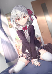 Rule 34 | 1girl, arm support, bag, between legs, black bag, black jacket, blazer, blush, bow, breasts, briefcase, closed mouth, collared shirt, commentary request, contemporary, door, earrings, fate/grand order, fate (series), gabiran, hair between eyes, hair bow, hair ribbon, hand between legs, highres, indoors, jacket, jewelry, kama (fate), long sleeves, looking at viewer, medium hair, no shoes, open clothes, open jacket, pink ribbon, plaid, plaid skirt, red eyes, ribbon, school briefcase, school uniform, shirt, silver hair, sitting, skirt, smile, solo, thighhighs, wariza, white shirt, white thighhighs