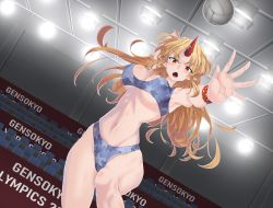 Rule 34 | 1girl, ball, bikini, bra, bracelet, breasts, cleavage, fang, grey bra, grey panties, highres, horn, hoshiguma yuugi, jewelry, jumping, large breasts, lights, long hair, looking at viewer, midair, monster girl, navel, oni, open mouth, panties, parted bangs, playing sports, pointy ears, sunnysideup, swimsuit, thick thighs, thighs, touhou, underboob, underwear, volleyball, volleyball (object)