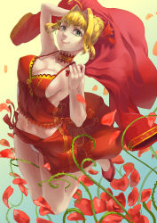 Rule 34 | 1girl, absurdres, ahoge, braid, choker, fate/extra, fate (series), gradient background, green eyes, hair intakes, highres, jumping, looking at viewer, navel, nero claudius (fate), nero claudius (fate) (all), nero claudius (fate/extra), no bra, panties, petals, sarong, smile, solo, thorns, underwear, white panties, wind, yasaidon