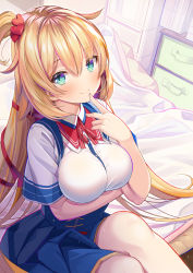 Rule 34 | 1girl, absurdres, akai haato, akai haato (1st costume), arm under breasts, atori, bed, blonde hair, blue skirt, breast hold, breasts, closed mouth, commentary request, finger to mouth, green eyes, hair ornament, hair ribbon, hand up, heart, heart hair ornament, high-waist skirt, highres, hololive, huge filesize, indoors, large breasts, long hair, looking at viewer, miniskirt, neck ribbon, one side up, ribbon, shirt, short sleeves, sitting, skirt, smile, solo, taut clothes, taut shirt, very long hair, virtual youtuber