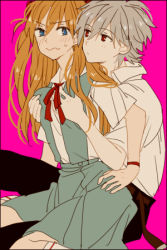 Rule 34 | 0930erina, 1boy, 1girl, belt, black pants, blouse, blue eyes, blue skirt, grabbing another&#039;s breast, collar, grabbing, grey hair, hair between eyes, long hair, lowres, nagisa kaworu, neck ribbon, neon genesis evangelion, orange hair, pants, purple background, red eyes, ribbon, school uniform, seiza, shirt, short hair, short sleeves, simple background, sitting, skirt, souryuu asuka langley, tokyo-3 middle school uniform, white collar, white shirt, wristband