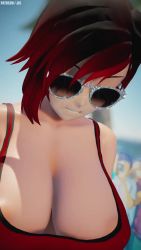 Rule 34 | 1girl, 3d, animated, audible music, bouncing breasts, breasts, jic jic, mikumikudance (medium), music video, one-piece swimsuit, red hair, red one-piece swimsuit, ruby rose, rwby, sound, sunglasses, swimsuit, video