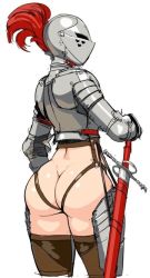 Rule 34 | 1girl, armor, ass, ass focus, belt, bevor, boots, bottomless, breastplate, butt crack, chainmail, couter, covered face, cowboy shot, cuirass, cuisses, faceless, faceless female, feathers, female knight, from behind, gauntlets, gorget, helmet, holding, holding sword, holding weapon, kardia (nisetanaka), knight, leather belt, nisetanaka, no panties, original, pauldrons, rerebrace, shoulder armor, solo, standing, sword, thigh boots, two-handed sword, vambraces, warrior, weapon, white background, y shaped butt crack, zweihander