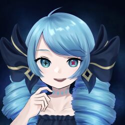 Rule 34 | 1girl, :d, ahoge, artist name, black bow, blue hair, bow, collarbone, frills, green eyes, gwen (league of legends), hair bow, hand up, highres, league of legends, open mouth, smile, solo, teeth, upper teeth only, yu (yuu1010calicoo)