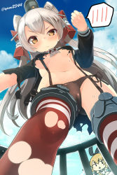 Rule 34 | 10s, 2girls, amatsukaze (kancolle), black panties, blonde hair, blue sky, blush, breasts, cameltoe, clenched hand, cloud, day, from below, garter straps, hairband, highres, kantai collection, long hair, long sleeves, looking at viewer, looking down, multiple girls, navel, outline, panties, red legwear, shimakaze (kancolle), side-tie panties, silver hair, sky, small breasts, solo focus, speech bubble, spoken blush, striped clothes, striped legwear, striped thighhighs, sweat, thighhighs, torn clothes, torn legwear, twintails, twitter username, two side up, underboob, underwear, yamacchi, yellow eyes