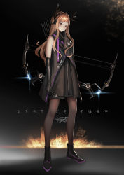 Rule 34 | 1girl, arrow (projectile), bad id, bad pixiv id, bare shoulders, black background, black dress, black footwear, black gloves, black jacket, blush, boots, bow (weapon), brown eyes, brown hair, brown pantyhose, closed mouth, dress, full body, glint, gloves, granblue fantasy, head tilt, headgear, highres, holding, holding arrow, holding bow (weapon), holding weapon, jacket, long hair, nose blush, pantyhose, sleeveless, sleeveless jacket, solo, standing, tweyen (granblue fantasy), very long hair, weapon, yurichtofen