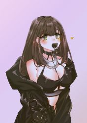 Rule 34 | 1girl, absurdres, black coat, breasts, brown hair, cleavage, coat, green eyes, highres, large breasts, looking at viewer, mamaloni (character), original, oversized clothes, pacifier, set7, simple background, solo, upper body
