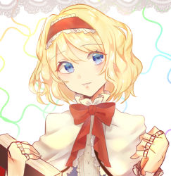 Rule 34 | 1girl, alice margatroid, blonde hair, blue eyes, blush, bow, bowtie, capelet, commentary request, hairband, jewelry, konnyaku (yuukachan 51), lolita hairband, looking at viewer, parted lips, puppet rings, red bow, red bowtie, ring, short hair, smile, solo, touhou, upper body