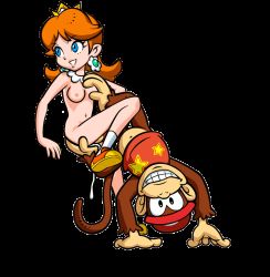 Rule 34 | 1girl, ape, blue eyes, bottomless, breasts, brown hair, crown, diddy kong, donkey kong (series), legs, mario (series), mario basketball 3on3, monkey, nintendo, nude, princess daisy, sex, tail, third-party edit, tomboy