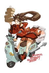 Rule 34 | 1girl, amatuki, artist name, bamboo steamer, baozi, bare shoulders, box, brown eyes, brown hair, carrying, china dress, chinese clothes, dated, delivery, dress, floating hair, food, food delivery box, guilty gear, guilty gear xrd, hair ornament, hairclip, highres, kuradoberi jam, long hair, looking at viewer, motor vehicle, motorcycle, open mouth, simple background, solo, thigh strap, thighs, twitter username, v-shaped eyebrows, white background, wide sleeves, wind, wind lift