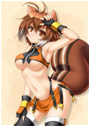 Rule 34 | 1girl, animal ears, antenna hair, armpits, blazblue, blush, breasts, brown eyes, brown hair, fingerless gloves, gloves, highres, large breasts, looking at viewer, makoto nanaya, navel, orange skirt, revealing clothes, roura, short hair, skirt, smile, solo, squirrel ears, squirrel tail, stomach, tail, thighhighs, underboob