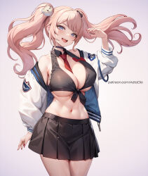 Rule 34 | 1girl, ai-assisted, aztodio, bare shoulders, bear hair ornament, between breasts, black choker, black skirt, blue eyes, blush, breasts, censored, choker, cleavage, collarbone, commentary, danganronpa: trigger happy havoc, danganronpa (series), enoshima junko, fingernails, hair ornament, hand up, jacket, large breasts, looking at viewer, mosaic censoring, nail polish, navel, necktie, necktie between breasts, open mouth, patreon username, pink hair, pleated skirt, red nails, red necktie, simple background, skirt, smile, solo, stomach, teeth, thighs, twintails, upper teeth only, white jacket
