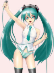 Rule 34 | 1girl, aqua eyes, aqua hair, arm up, bespectacled, breasts, covered erect nipples, glasses, hatsune miku, highres, lat model (mikumikudance), long hair, microphone, necktie, no pants, open mouth, panties, samejima minoru, simple background, small breasts, solo, striped clothes, striped panties, thighhighs, twintails, underwear, very long hair, vocaloid