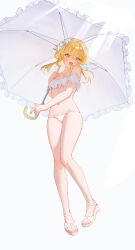Rule 34 | 1girl, absurdres, alternate costume, bare legs, bikini, blonde hair, breasts, flower, frills, full body, genshin impact, hair flower, hair ornament, highres, holding, holding umbrella, kuqfh, looking at viewer, lumine (genshin impact), navel, off-shoulder bikini, off shoulder, open mouth, short hair with long locks, simple background, small breasts, solo, sparkle, stomach, sunlight, sweat, swimsuit, umbrella, umbrella over shoulder, white background, white bikini, white umbrella, yellow eyes