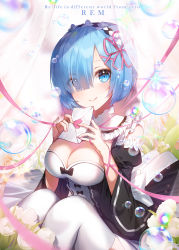 Rule 34 | 1girl, apple caramel, blue eyes, blue hair, bow, breasts, bubble, character name, cleavage, copyright name, eyes visible through hair, flower, frills, hair ribbon, hairband, heart, highres, holding, holding letter, letter, looking at viewer, medium breasts, re:zero kara hajimeru isekai seikatsu, rem (re:zero), ribbon, short hair, sitting, smile, solo, thighhighs, white thighhighs