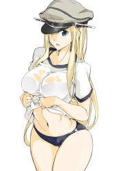 Rule 34 | 10s, 1girl, alternate costume, aqua eyes, bebebe (pepegakii), bismarck (kancolle), blonde hair, breasts, buruma, cameltoe, clothes lift, collarbone, cowboy shot, curvy, groin, gym uniform, hat, highres, kantai collection, large breasts, long hair, midriff, navel, open mouth, peaked cap, shirt, shirt lift, short sleeves, simple background, solo, thick thighs, thighs, very long hair, water, wet, wet clothes, wet shirt, white background, white shirt, wide hips