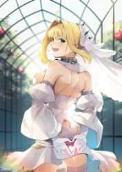 Rule 34 | 1girl, ahoge, ass, ass cutout, back, bare shoulders, belt, blonde hair, blush, breasts, butt crack, chain, clothing cutout, detached collar, detached sleeves, elbow gloves, fate/extra, fate/extra ccc, fate/grand order, fate (series), flower wreath, gloves, green eyes, hair between eyes, hair intakes, head wreath, heart, heart hands, highleg, highleg leotard, highres, large breasts, leotard, long hair, looking at viewer, looking back, loose belt, nakaga eri, nero claudius (bride) (fate), nero claudius (bride) (second ascension) (fate), nero claudius (fate), nero claudius (fate) (all), open mouth, puffy sleeves, smile, solo, thighhighs, thighs, veil, white gloves, white leotard, white thighhighs, wide sleeves