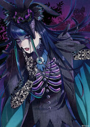 1girl ascot blue_ascot blue_hair buttons disneyland eyeball eyeshadow finger_to_mouth fishnet_gloves fishnets gloves hat_feather kiri_futoshi long_hair looking_at_viewer makeup parted_lips red_eyes red_lips ribs shushing solo twitter_username very_long_hair