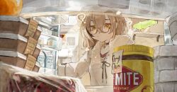 Rule 34 | 1girl, ?, absurdres, blurry, brown eyes, brown hair, closed mouth, commentary, depth of field, english commentary, food, glasses, hair between eyes, highres, hololive, hololive english, hood, hoodie, indoors, long hair, long sleeves, looking at viewer, milk, nanashi mumei, nereb 72, refrigerator, solo, towel, towel around neck, upper body, virtual youtuber, white hoodie, white towel