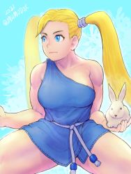 Rule 34 | 1girl, absurdres, alt text, animal, artist name, asymmetrical bangs, blonde hair, blue eyes, breasts, cleavage, closed mouth, cosplay, dated, highres, holding, holding animal, large breasts, long hair, looking away, muscular, oro (street fighter), oro (street fighter) (cosplay), quasimodox, rabbit, rainbow mika, rope belt, street fighter, thighs, twintails